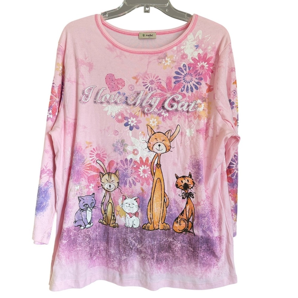 Cactus Pink I Love My Cat Graphic Long Sleeve Rhinestone Top Womens 1X
